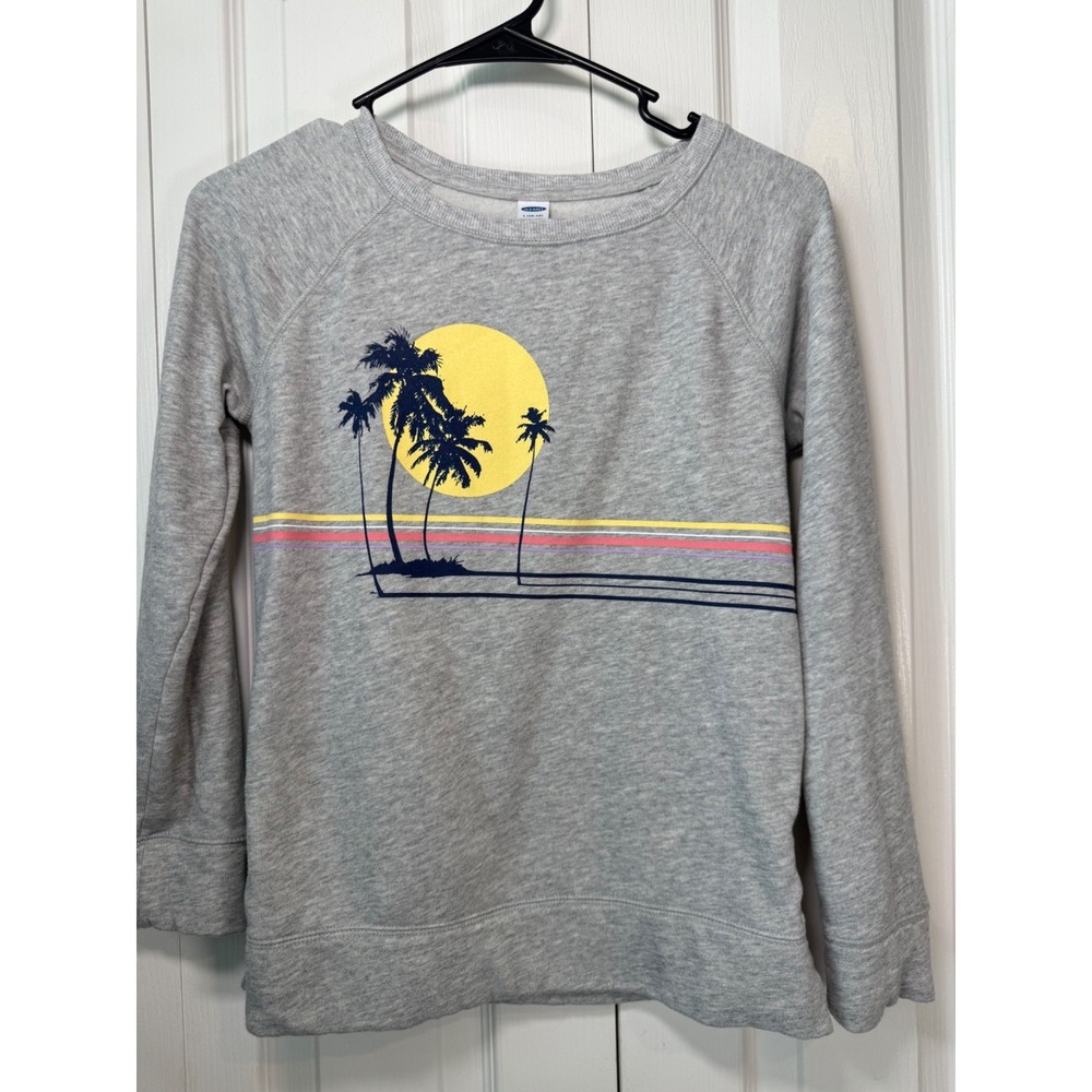 Old Navy Girls Gray Sweatshirt L 10-12 Palm Tree Sunset Graphic Pullover Side La